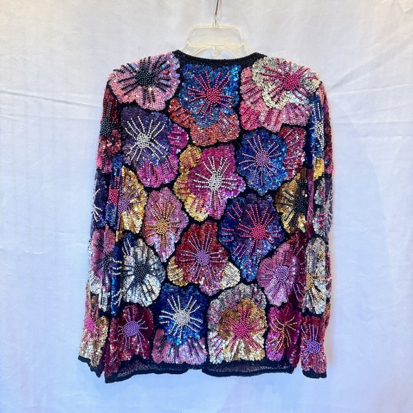 Vintage Anjunum California 100% Silk Sequin Beaded Floral Flowers Jacket - Picture 5 of 7